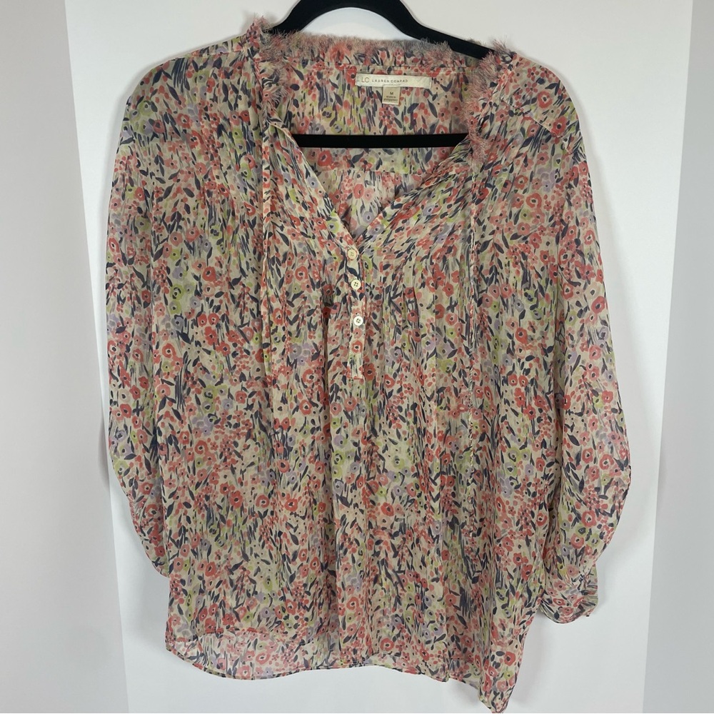 LC Lauren Conrad Pink and Cream Flutter Sleeve Blouse